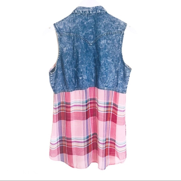 WAREHOUSE ONE Mixed Media Denim Button Down Shirt With Plaid Blue/Pink Sz Medium - Picture 9 of 11